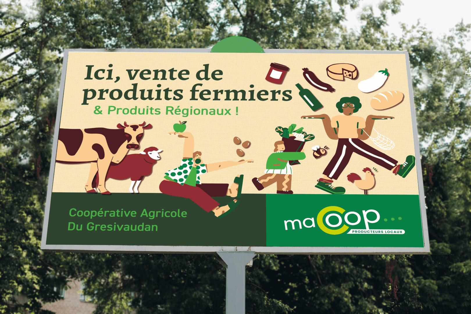 Affichage urbain pour la coopérative agricole Ma Coop du Grésivaudan. On y retrouve les produits et animaux de la ferme et les acheteurs de la coopérative