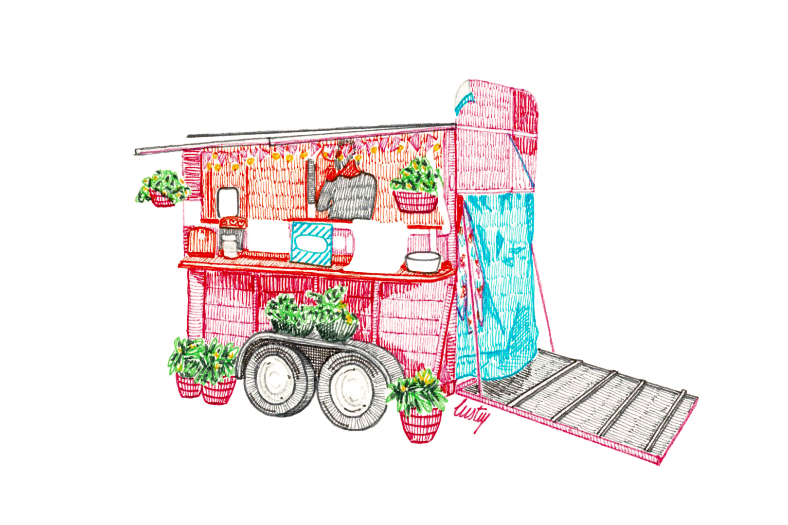 Illustration au stylo encre de couleur d'un food truck rose ouvert