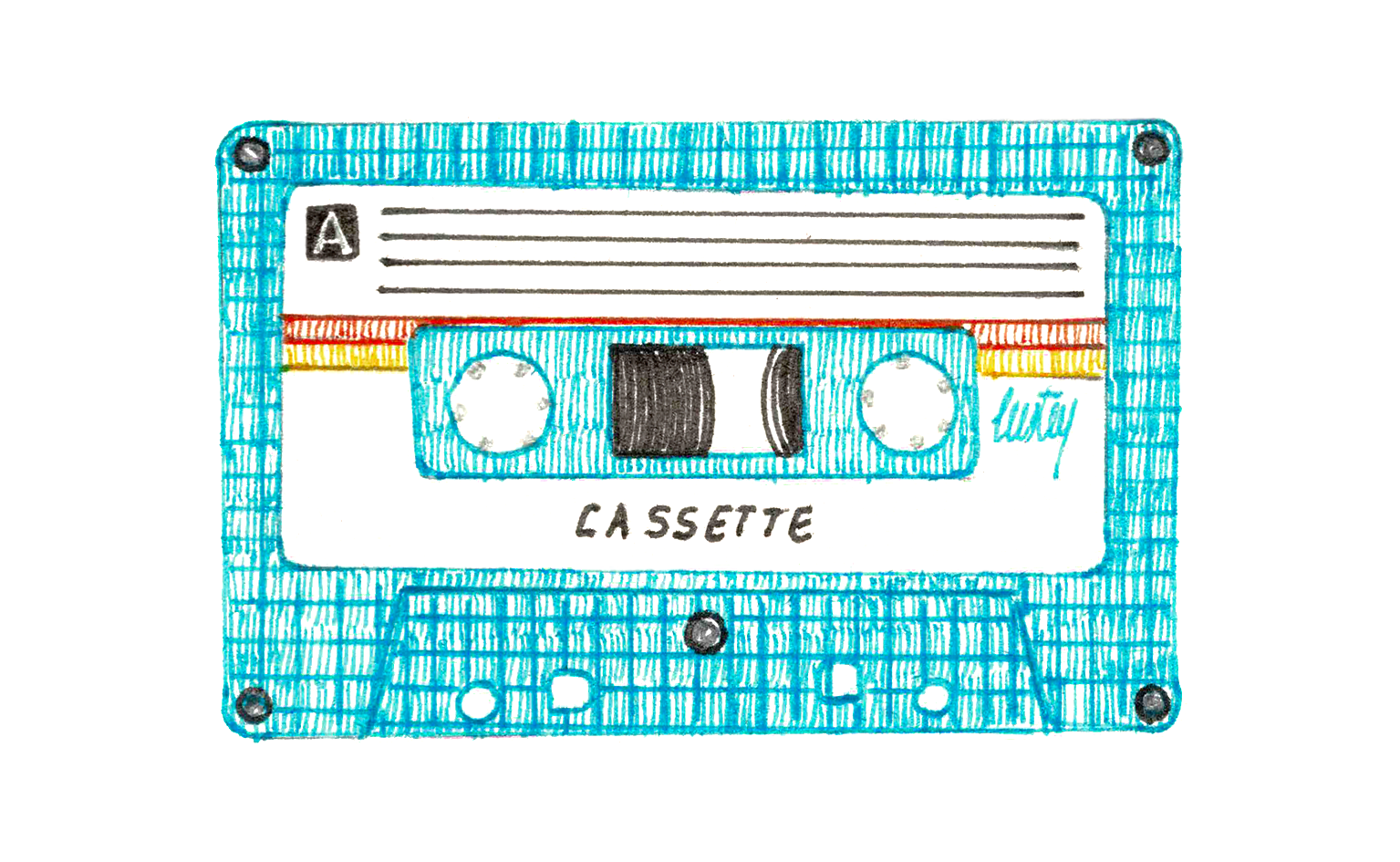 Illustration au stylo encre de couleur d'une cassette audio bleue turquoise