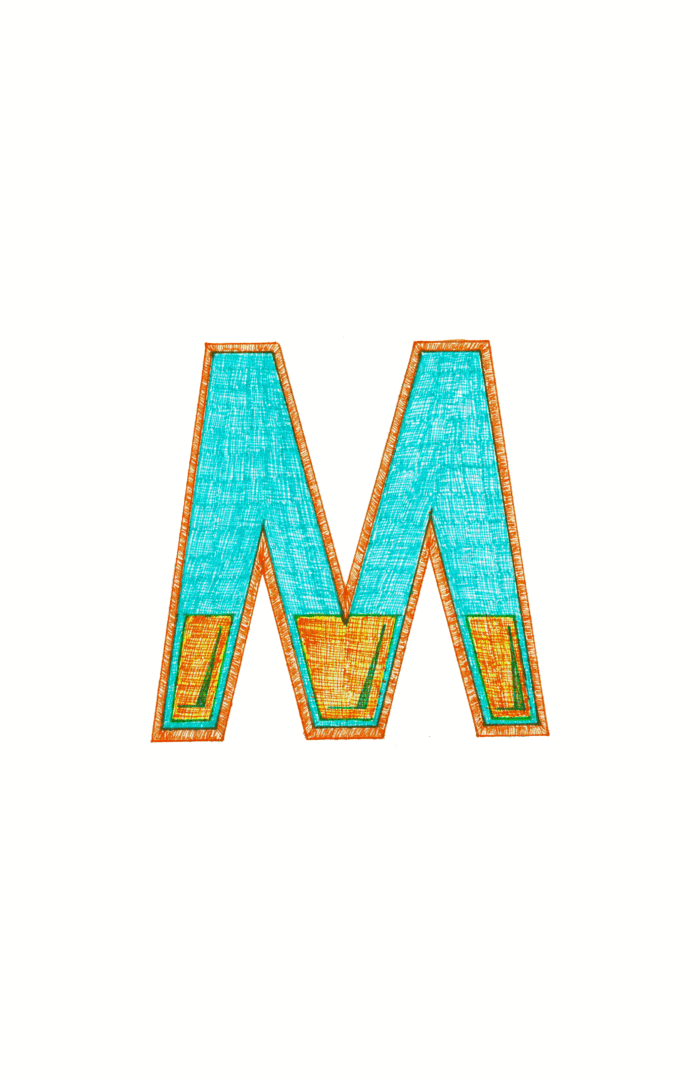 Illustration au stylo encre de couleur de la lettre M dans les tons bleu turquoise et orange
