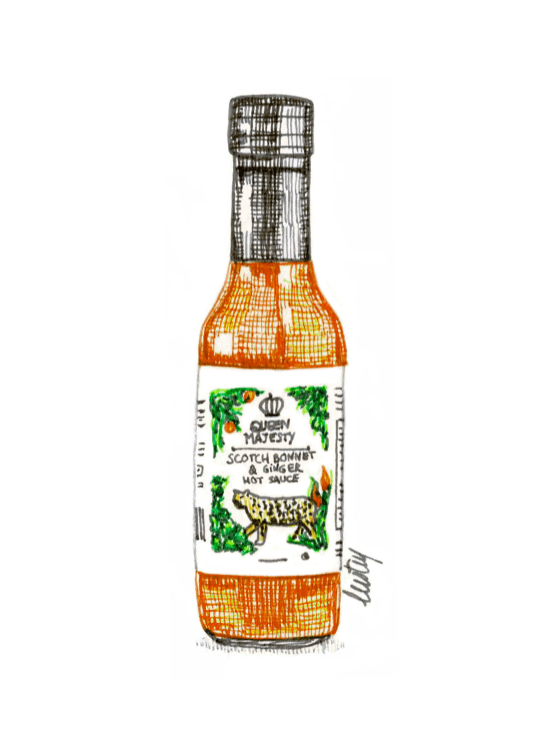 Illustration au stylo encre de couleur d'une bouteille de sauce piquante Queen Majesty