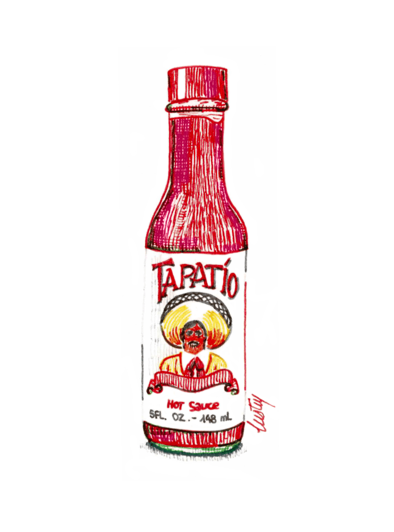 Illustration au stylo encre de couleur d'une bouteille de sauce piquante Tapatio