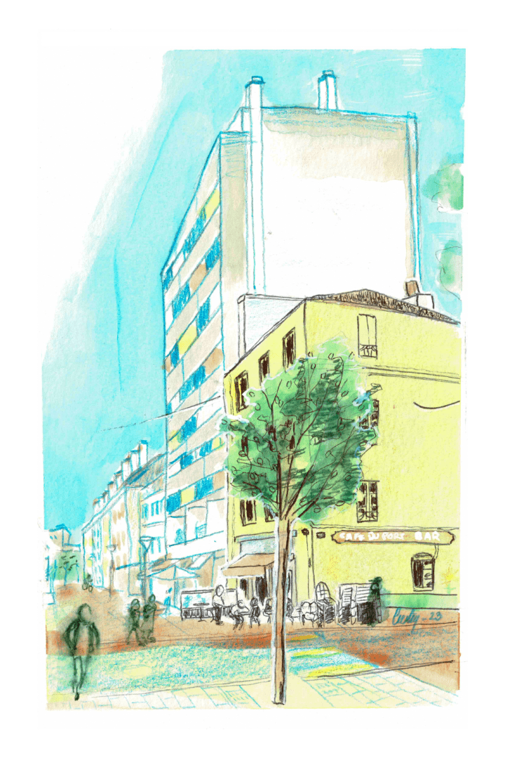 Illustration à la gouache et au stylo encre de couleur d'une vue extérieure du café du port à Lorient
