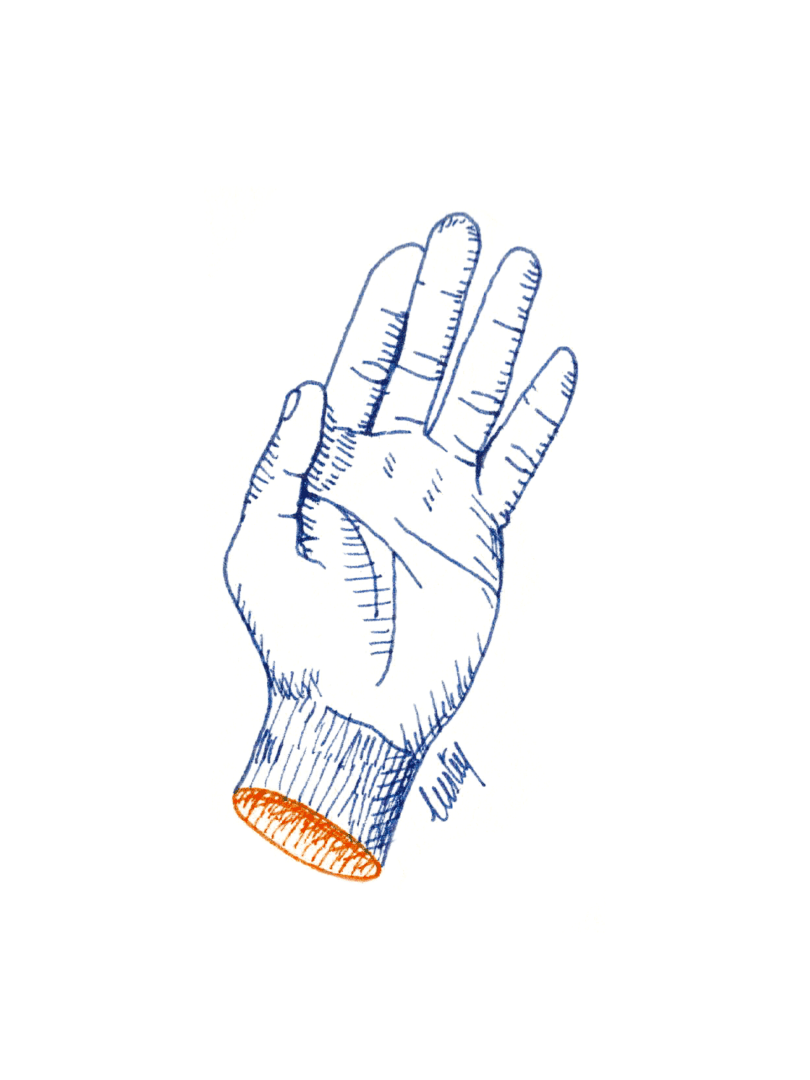 Illustration au stylo encre de couleur d'une main jouant à Pierre Feuille Ciseaux et formant la feuille avec la main ouverte à plat