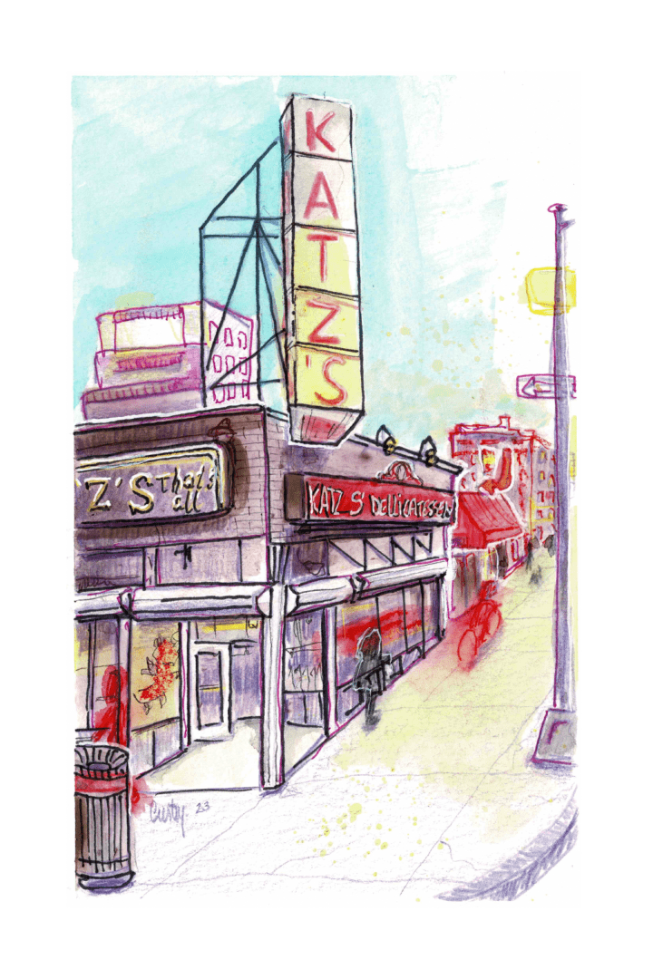 Illustration à la gouache et au stylo d'une rue et de la façade d'un restaurant New Yorkais, le Katz's Delicatessen