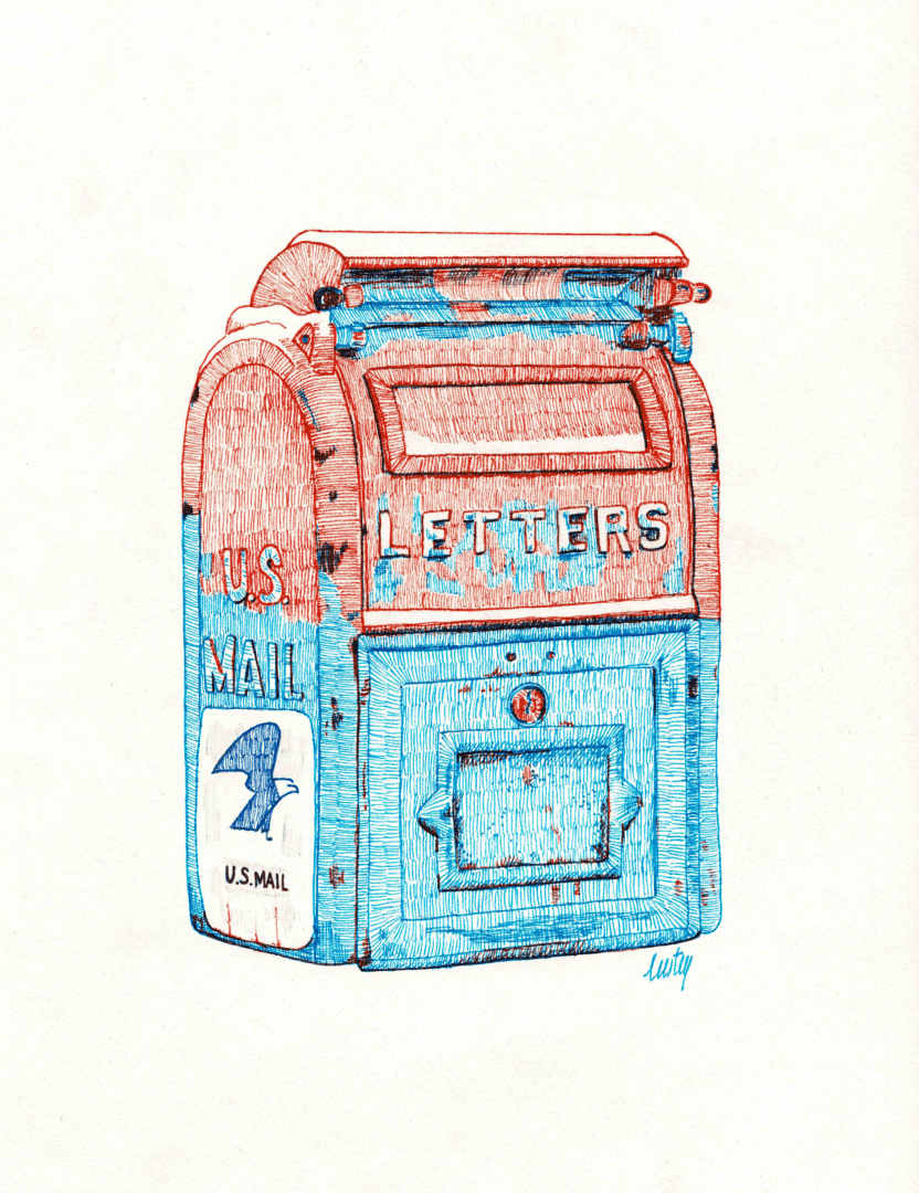 Illustration au stylo encre de couleur d'une boite aux lettres américaine rouge et bleue recouverte de neige.