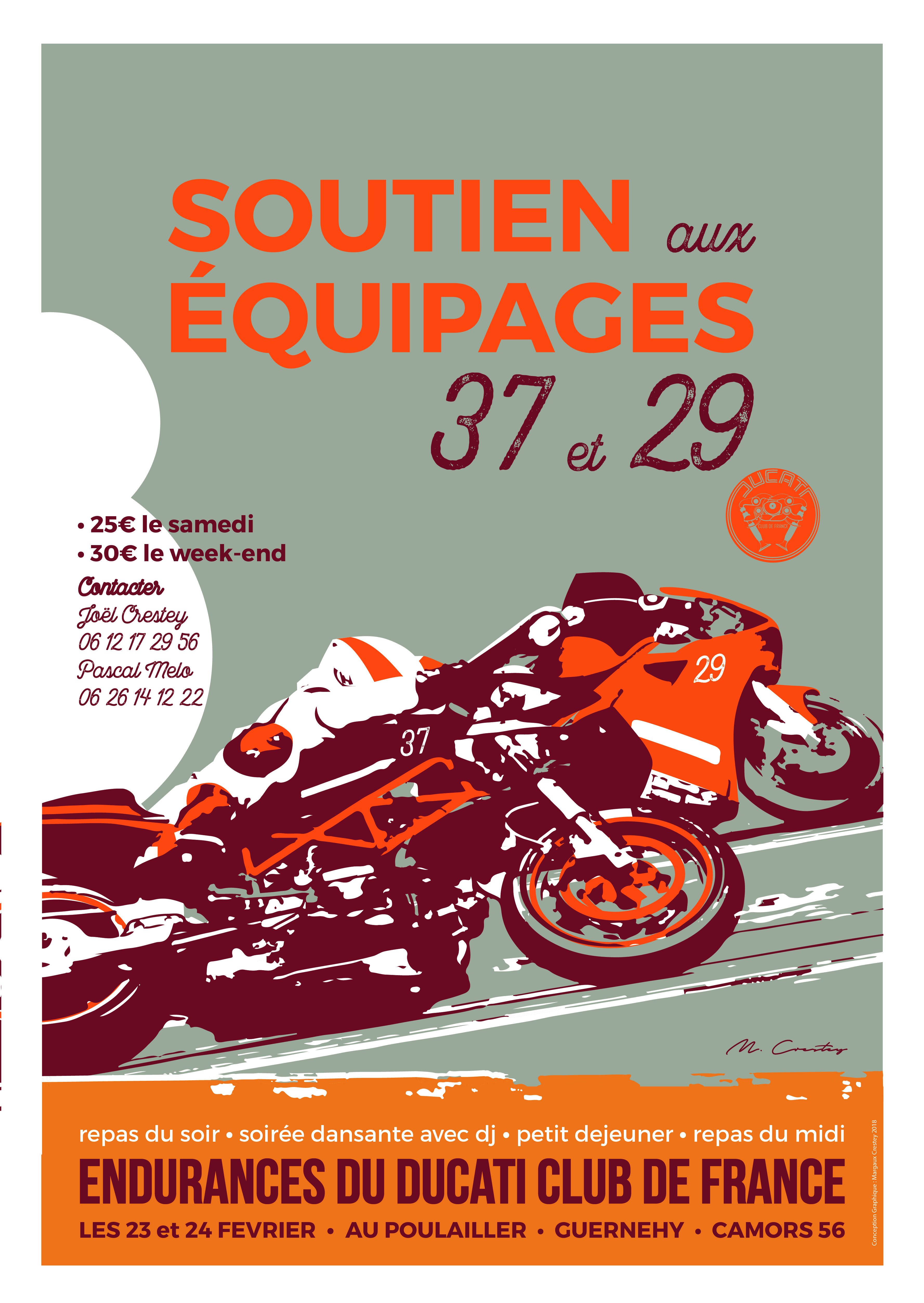 Affiche pour un évènement organisé par le Ducati Club de France. On y voit deux motard à pleine vitesse dans une virage. L'affiche a un aspect retro vintage dans les tons oranges et bleux